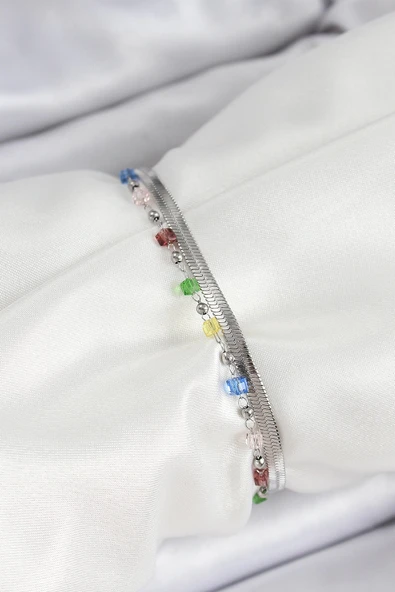 HEYF 316L Çelik Gümüş Renk Karışık Renkli Kristal Taşlı Kadın Bileklik - Resim 2