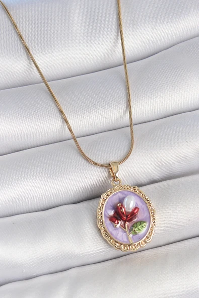 HEYF 316L Çelik Gold Renk Zincir Mor Mineli İncili Çiçek İşlemeli Portre Model Kadın Kolye ürün görseli 1