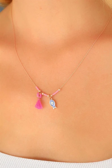 HEYF Nazar Boncuklu Pembe Renk Taşlı Rose Bayan Kolye ürün görseli 1