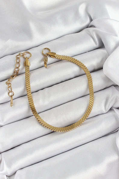 HEYF 316L Çelik Gold Renk Yassı Zincir Model Kadın Bileklik - Resim 2