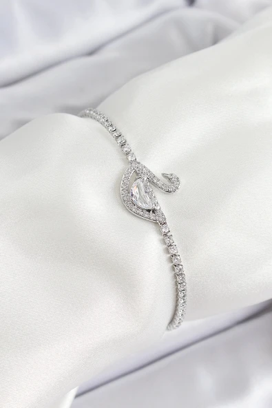 HEYF Pirinç Gümüş Renk Zirkon Taşlı Kuğu Model Kadın Bileklik ürün görseli 1