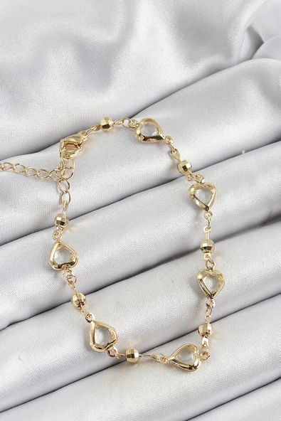 HEYF Pirinç Şeffaf Kalp Model Gold Renk Zirkon Taşlı Kadın Bileklik ürün görseli 1