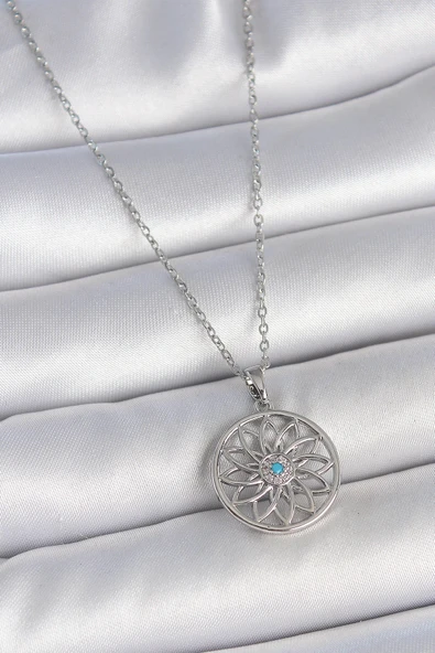 HEYF 316L Çelik Gümüş Renk Zincir Mavi Taşlı Lotus Model Kadın Kolye ürün görseli 1