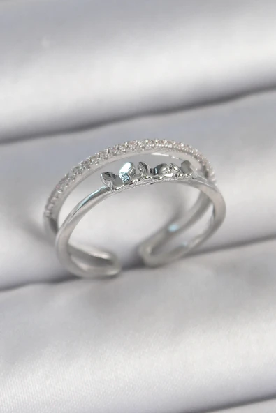 HEYF Pirinç Gümüş Renk 2'Li Zirkon Taş Detaylı Kelebek Figür Ayarlanabilir Model Kadın Yüzük ürün görseli 1