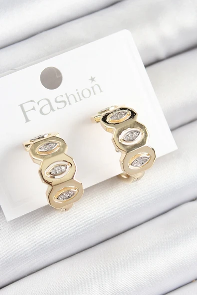 HEYF Pirinç Zirkon Taşlı Damla Figürlü Halka Model Gold Renk Kadın Küpe ürün görseli 1
