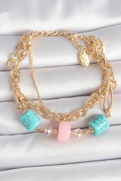 HEYF Pirinç Gold Renk Çoklu Zincir Model Mavi Taş Figürlü Kadın Bileklik ürün görseli 1