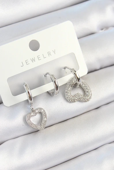 HEYF Pirinç Zirkon Taşlı Kalp Model Gümüş Renk 3'lü Çift Kadın Küpe Set ürün görseli 1