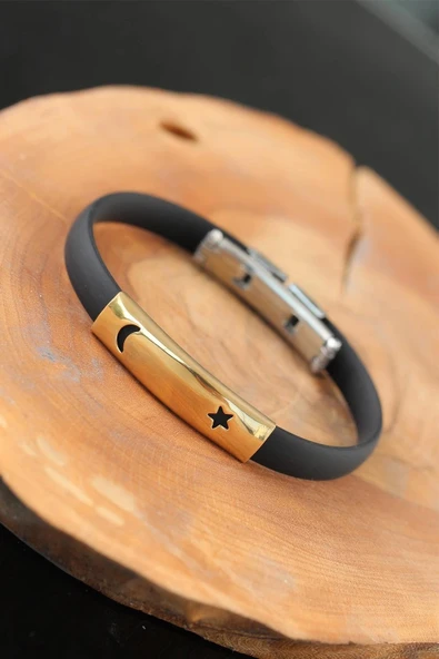 HEYF Gold Renk Metal Ay Yıldız Tasarım Siyah Renk Silikon Erkek Bileklik ürün görseli 1