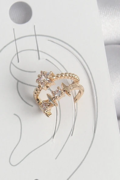 HEYF Pirinç Gold Renk Zirkon Taşlı Yıldız Model Kadın Kıkırdak Küpe ürün görseli 1