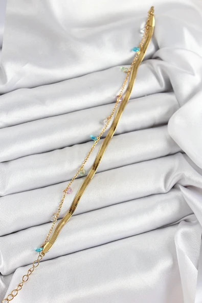 HEYF 316L Çelik Gold Renk Karışık Renkli Kristal Taşlı 2'li Kadın Bileklik ürün görseli 1