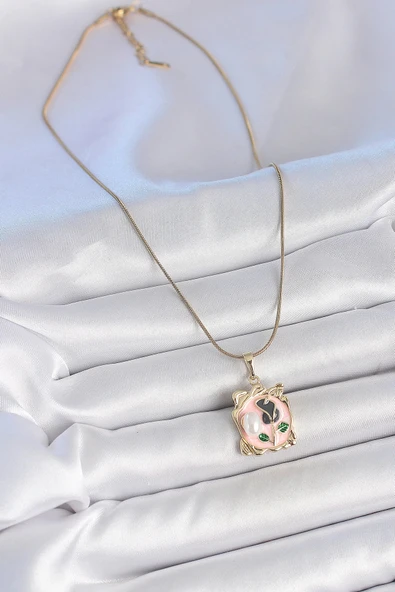 HEYF 316L Çelik Gold Renk Zincir Pembe Mineli Çiçek İşlemli İnci Detay Portre Model Kadın Kolye - Resim 2