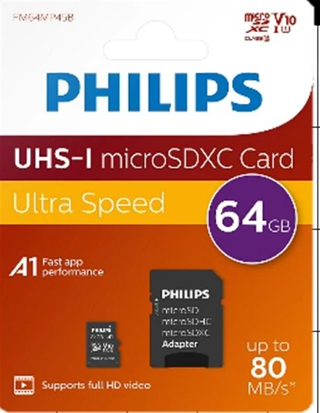 Philips FM64MP45B/00 64GB Class10 UHS-I U1 TF Adaptörlü Micro SDXC Hafıza Kartı ürün görseli