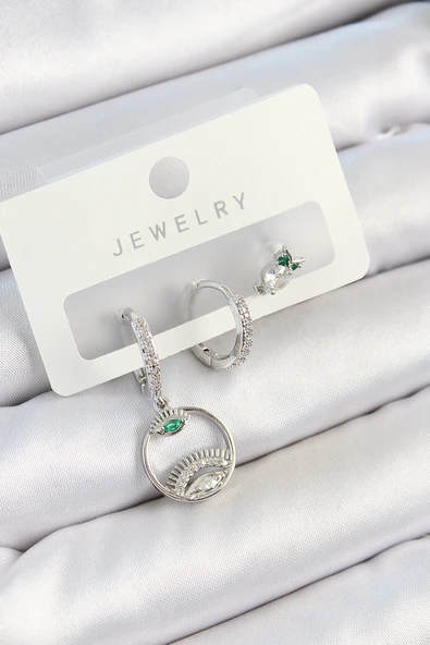 HEYF Pirinç Zirkon Taşlı Göz Ve Baykuş Model Gümüş Renk 3'lü Çift Kadın Küpe Set ürün görseli 1