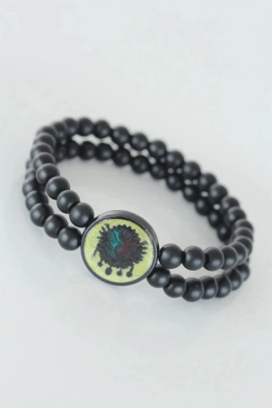 HEYF Sarı Renkli Metal Üzerine Osmanlı Arma Figürlü Siyah Renk Çift Sıra Doğal Taş Erkek Bileklik ürün görseli 1