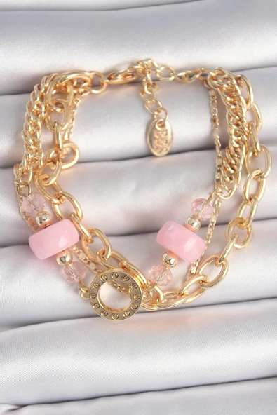 HEYF Pirinç Gold Renk Çoklu Pembe Taşlı Kadın Bileklik ürün görseli 1