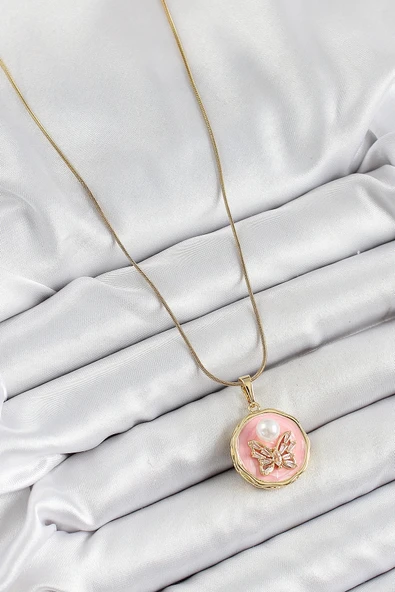 HEYF 316L Çelik Zincir Zirkon Taşlı Pembe Sanatsal Portre İnci Detaylı Kelebek Model Gold Renk Kadın Kolye - Resim 2