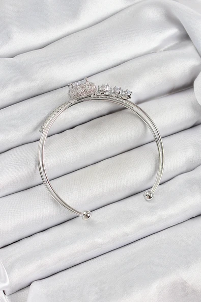 HEYF Pirinç Gümüş Renk Kalpli Zirkon Taşlı Kadın Bileklik - Resim 2