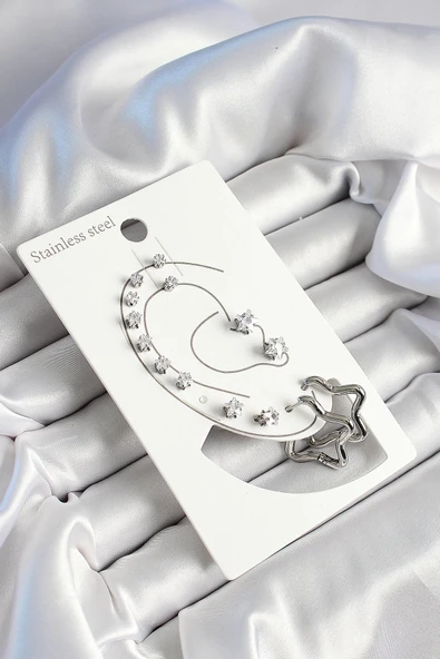 HEYF 316L Çelik Yıldız Figürlü Ve Zirkon Taşlı Gümüş Renk 7'li Çift Kadın Küpe Set ürün görseli 1