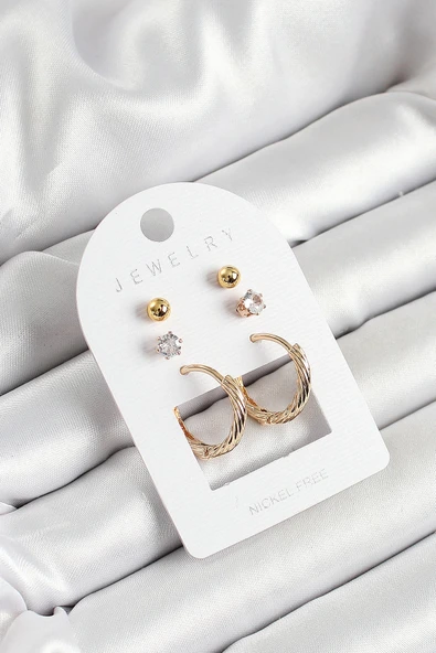 HEYF Pirinç Zirkon Taş Ve Halka Figürlü Gold Renk 3'lü Çift Kadın Küpe Set ürün görseli 1