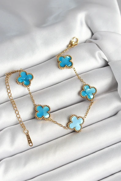 HEYF 316L Çelik Sedefli Gökyüzü Mavisi Gold Renk Yonca Kadın Bileklik ürün görseli 1