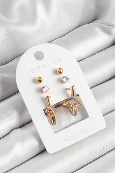 HEYF Pirinç Zirkon Taş Ve Yıldız Figürlü Gold Renk 3'lü Çift Kadın Küpe Set ürün görseli 1