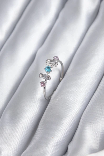 HEYF Gümüş Renk Renkli Zirkon Taşlı Kadın Yüzük ürün görseli 1