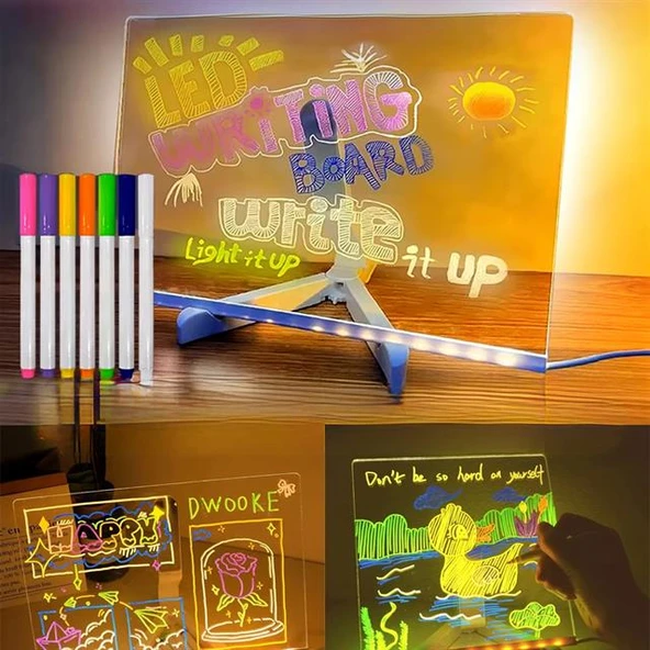 Sunup SN-27126 Dekoratif LED Aydınlatmalı Şeffaf Işıltılı Yazı - Çizim Panosu Tableti - 7 Renk Kalemli Set ürün görseli