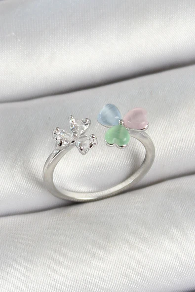 HEYF Pirinç Kalp Figürlü Zirkon Taşlı Gümüş Renk Ayarlanabilir Kadın Yüzük ürün görseli 1