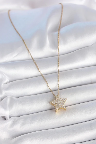 HEYF 316L Çelik Gold Renk Zincir Zirkon Taşlı Yıldız Model Kadın Kolye - Resim 2