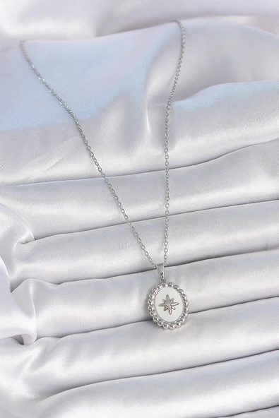 HEYF 316L Çelik Gümüş Renk Zincir Beyaz Mineli Kutup Yıldız İşlemeli Madalyon Model Kadın Kolye - Resim 2