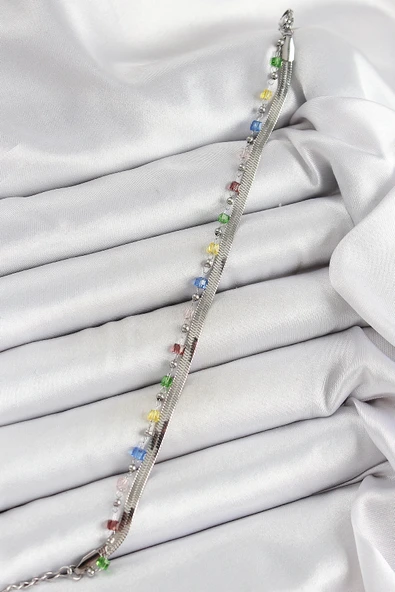 HEYF 316L Çelik Gümüş Renk Karışık Renkli Kristal Taşlı Kadın Bileklik ürün görseli 1