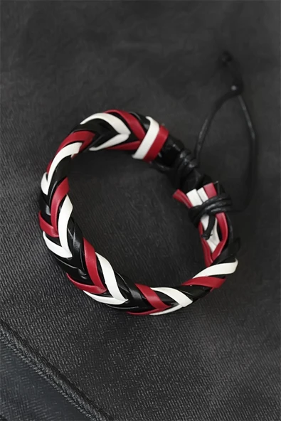 HEYF Bordo Beyaz Siyah Örgü Deri Erkek Bileklik ürün görseli 1