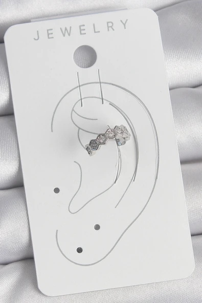 HEYF Pirinç Gümüş Renk Bal Peteği Model Zirkon Taşlı Kadın Kıkırdak Küpe - Resim 2