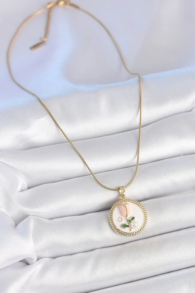 HEYF 316L Çelik Gold Renk Beyaz Mineli İncili Çiçek İşlemeli Portre Model Kadın Kolye - Resim 2