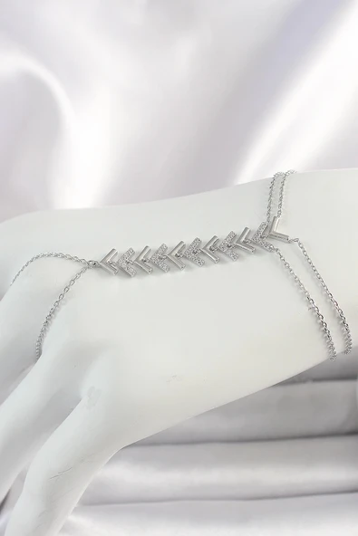 HEYF Pirinç Gümüş Renk Zirkon Taşlı V Model Kadın Şahmeran ürün görseli