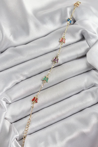 HEYF Pirinç Gold Renk Karışık Renk Kelebek Zirkon Taşlı Kadın Bileklik - Resim 2