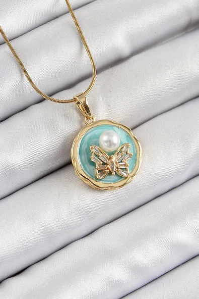 HEYF 316L Çelik Zincir Zirkon Taşlı Turkuaz Sanatsal Portre İnci Detaylı Kelebek Model Gold Renk Kadın Kolye ürün görseli 1