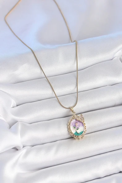 HEYF 316L Çelik Gold Renk Zincir Mix Renk Mineli Çiçek İşlemeli Zirkon Taş Detaylı Portre Model Kadın Kolye - Resim 2