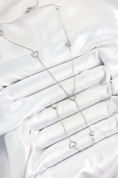 HEYF 316L Çelik Zirkon Taşlı Kalp Figürlü Y Model Gümüş Renk Kadın Kolye - Resim 2