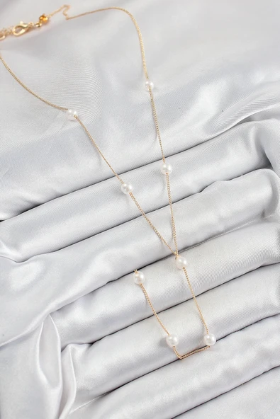 HEYF Pirinç İnci Figürlü Y Model Gold Renk Kadın Kolye - Resim 2