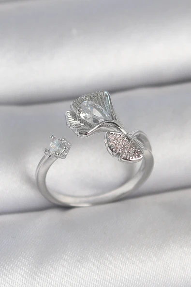 HEYF Pirinç Gümüş Renk Zirkon Taşlı Deniz Kabuğu Model Ayarlanabilir Kadın Yüzük ürün görseli 1