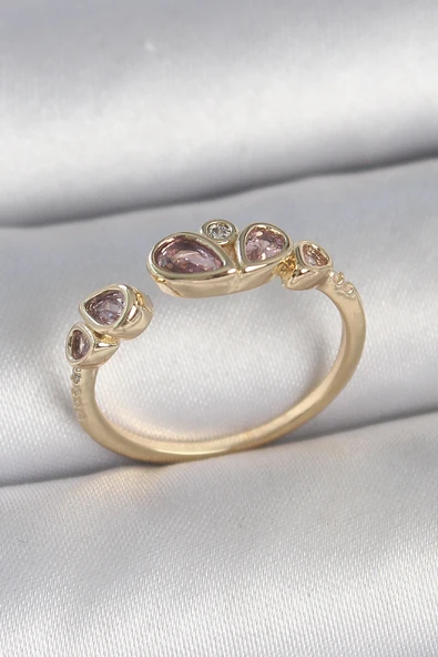 HEYF Pirinç Gold Renk Pembe Damla Zirkon Taşlı Ayarlanabilir Kadın Yüzük ürün görseli 1