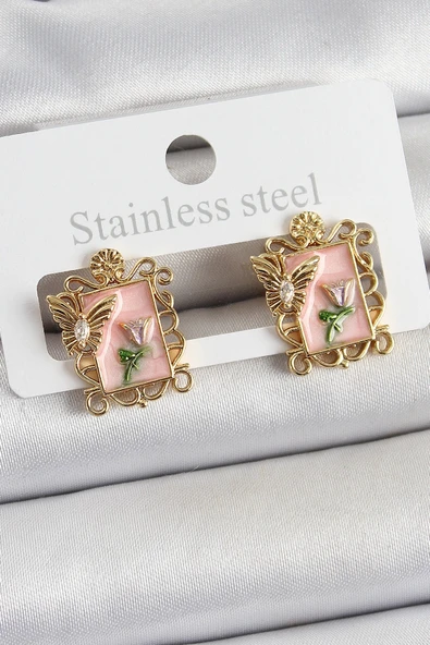 HEYF Pirinç Pembe Mineli Sanatsal Portre Model Gold Renk Kadın Küpe ürün görseli 1