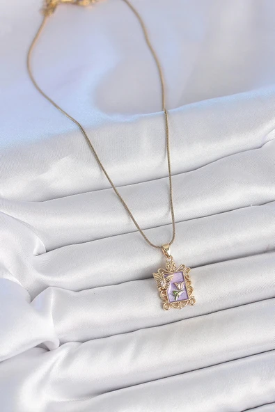 HEYF 316L Çelik Gold Renk Zincir Mor Mineli Çiçek İşlemeli Zirkon Taşlı Kelebek Detay Portre Model Kadın Kolye - Resim 2