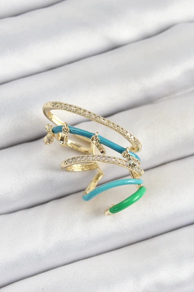 HEYF Pirinç Zirkon Taşlı Mavi Yeşil Sıkıştırma Sağ Kıkırdak Gold Renk Kadın Küpe ürün görseli 1