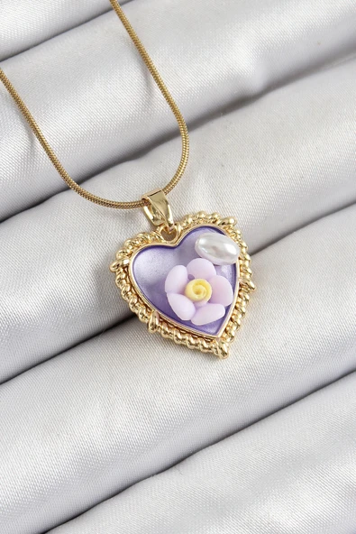 HEYF 316L Çelik Zincir Mor Sanatsal Portre İnci Detaylı Papatya Figürlü Kalp Model Gold Renk Kadın Kolye ürün görseli 1