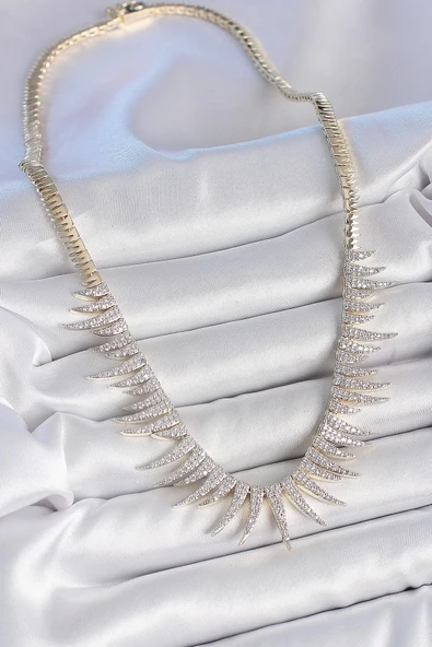 HEYF Pirinç Gold Renk Zirkon Taşlı Sivri Model VIP Seri Kadın Kolye - Resim 2