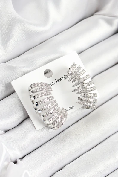 HEYF Pirinç Zirkon Taşlı Çoklu Görünümlü Model Gümüş Renk Kadın Küpe ürün görseli 1