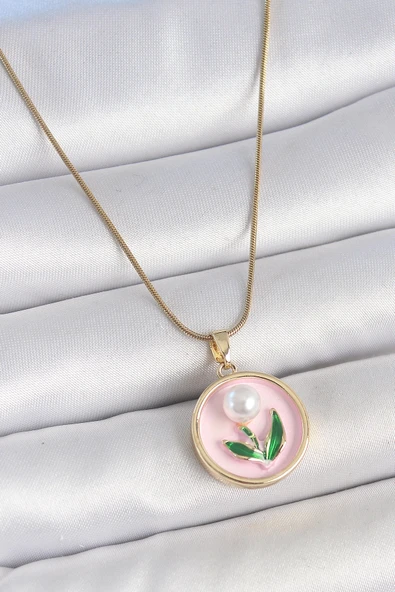 HEYF 316L Çelik Gold Renk Zincir Pembe Mineli İncili Çiçek İşlemeli Portre Model Kadın Kolye ürün görseli 1