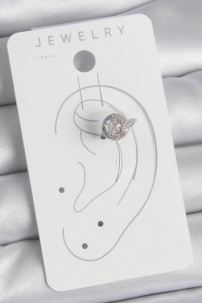 HEYF Pirinç Gümüş Renk Zirkon Taşlı Kadın Kıkırdak Model Küpe - Resim 2